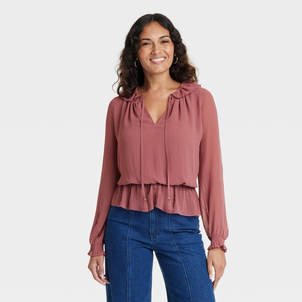 Universal Thread Long Sleeve Lined with Tassels Dusty Rose Blouse NWT Size S